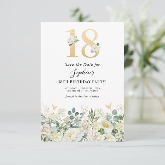 Witte en groene bloemen 18e verjaardag save the date (Staand voorkant)