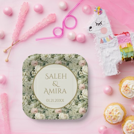 Witte en Groene Bloemen Bruiloft Suiker Cookies Papieren Bordje (Feest)