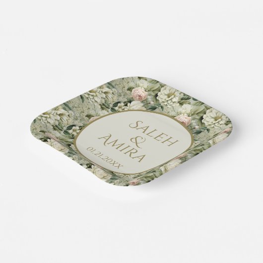 Witte en Groene Bloemen Bruiloft Suiker Cookies Papieren Bordje (Gebogen)