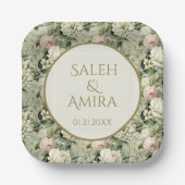 Witte en Groene Bloemen Bruiloft Suiker Cookies Papieren Bordje (Voorkant)