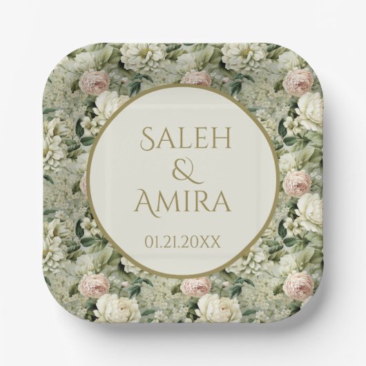 Witte en Groene Bloemen Bruiloft Suiker Cookies Papieren Bordje (Voorkant)