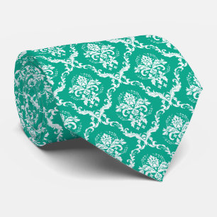 Witte en Groene Bloemen Damaskpatroon Stropdas