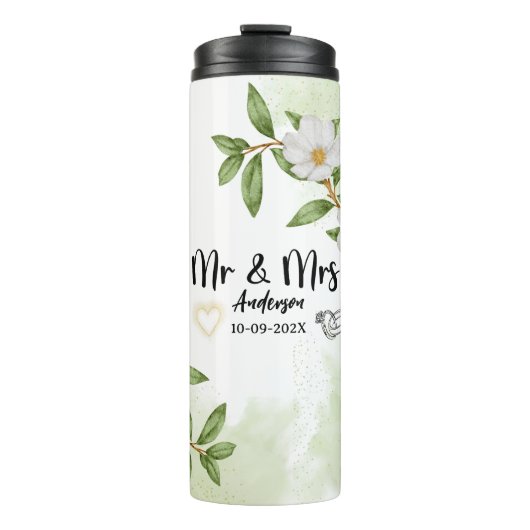 Witte en groene bloemen Waterverf Thermosbeker (Voorkant)