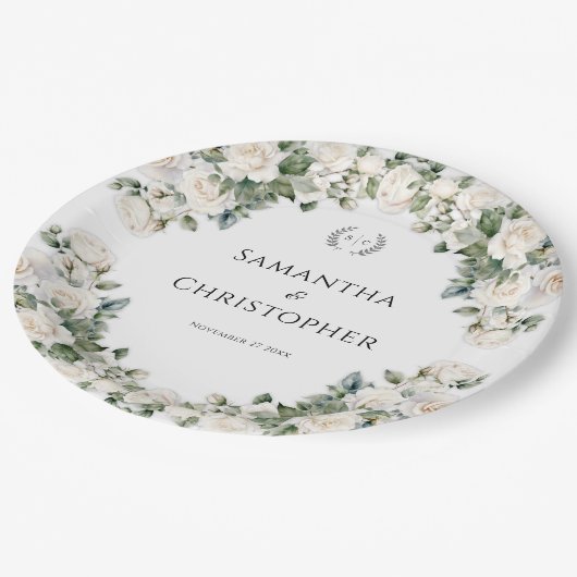 Witte en groene bloemenbruiloft papieren bordje (Gekanteld)