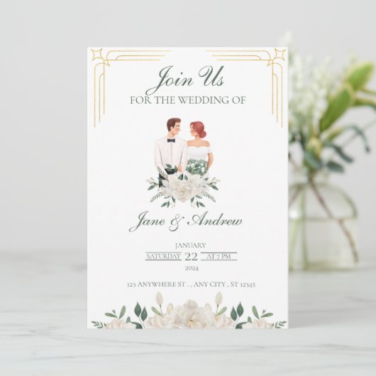 Witte en groene boho bloemenbruiloft kaart (Staand voorkant)