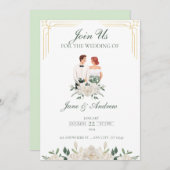 Witte en groene boho bloemenbruiloft kaart (Voorkant / Achterkant)