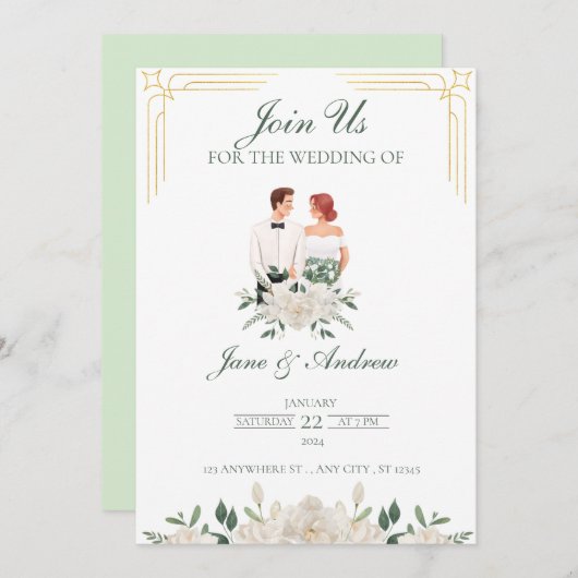 Witte en groene boho bloemenbruiloft kaart (Voorkant / Achterkant)