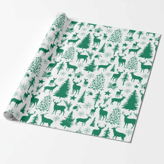 Witte en groene bosrijke rendieren cadeaupapier (Uitgerold)