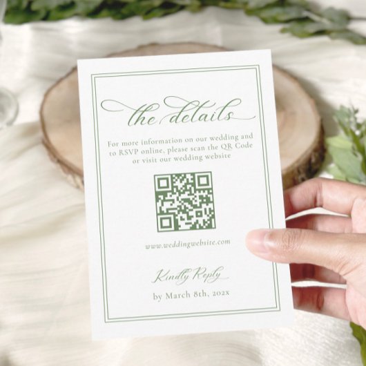 Witte en groene bruiloft details QR-code Informatiekaartje
