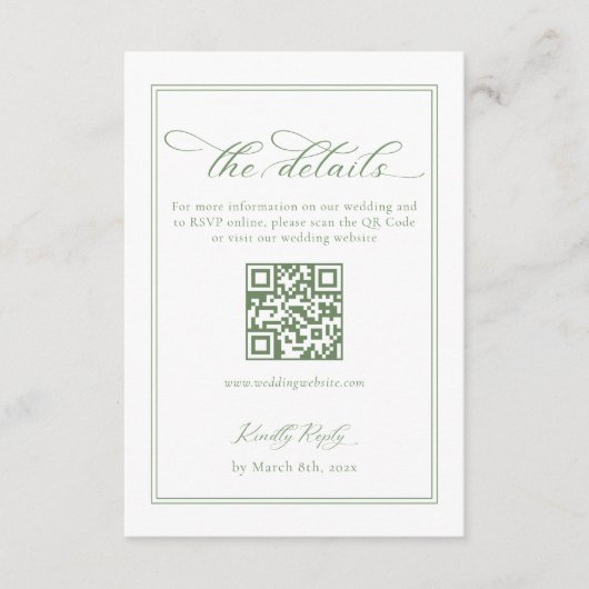 Witte en groene bruiloft details QR-code Informatiekaartje (Voorkant)