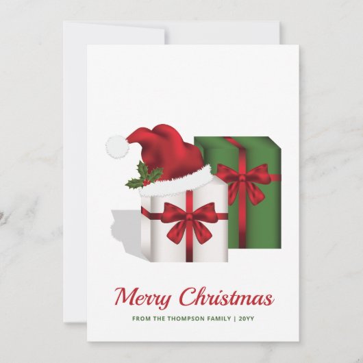 Witte en groene cadeaudozen met aangepaste tekst feestdagenkaart (Voorkant)