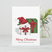 Witte en groene cadeaudozen met aangepaste tekst feestdagenkaart (Staand voorkant)
