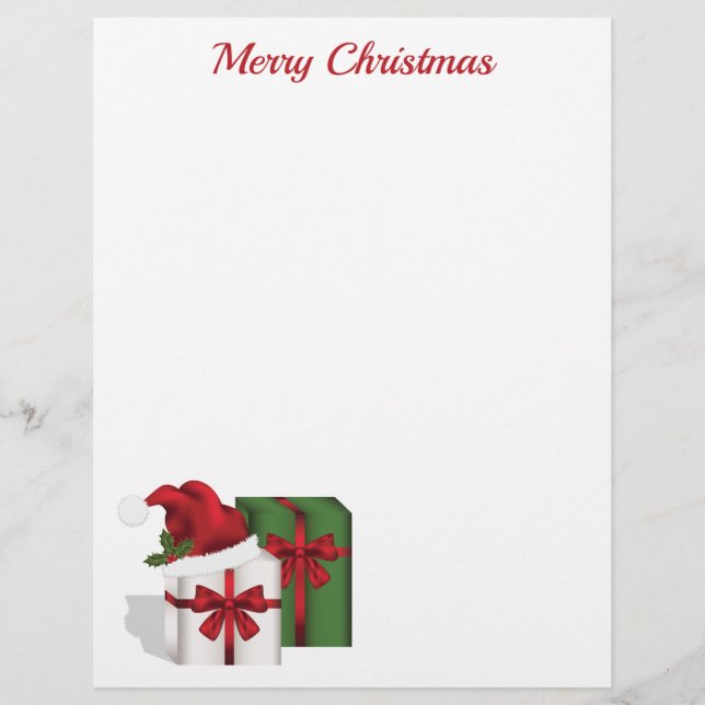 Witte en groene cadeaudozen met een kerstmuts briefhoofd (Voorkant)