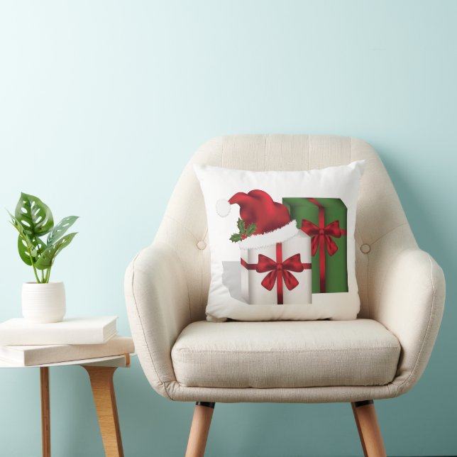 Witte en groene cadeaudozen met een kerstmuts kussen (Stoel)