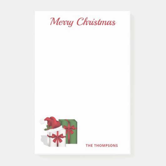 Witte en groene cadeaudozen met een kerstmuts post-it® notes (Voorkant)