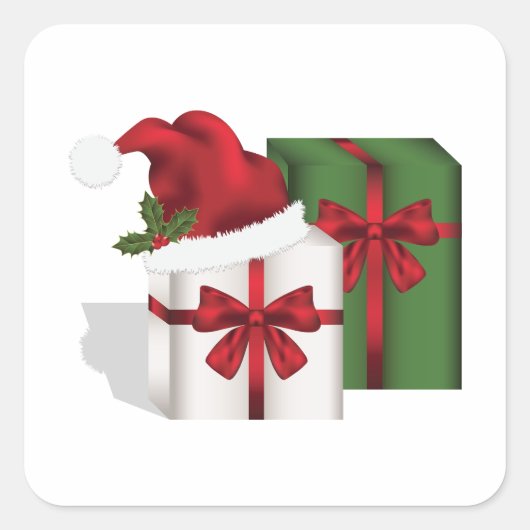 Witte en groene cadeaudozen met een kerstmuts vierkante sticker (Voorkant)