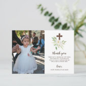 Witte en groene Floral Cross First Heilige Communi Bedankkaart (Staand voorkant)