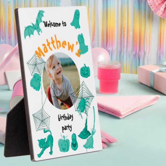 Witte en groene Halloween verjaardagsfeestje welko Fotoplaat