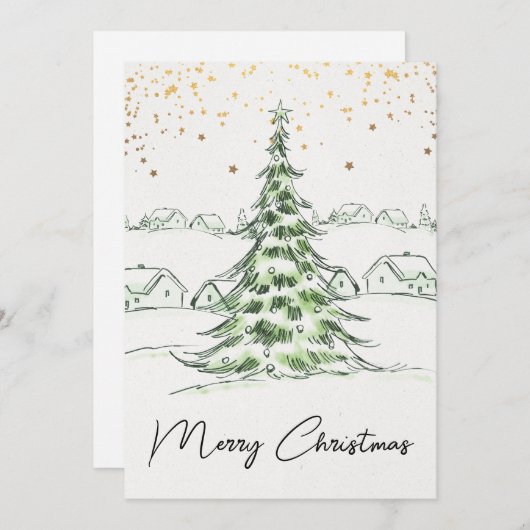 Witte en Groene Hand getrokken Schattigee Vrolijke Feestdagenkaart (Voorkant / Achterkant)