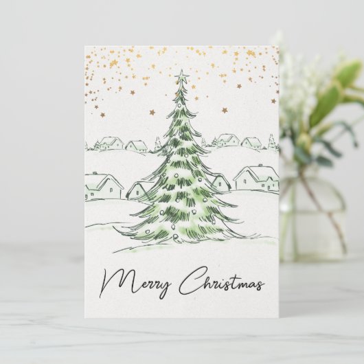 Witte en Groene Hand getrokken Schattigee Vrolijke Feestdagenkaart (Staand voorkant)