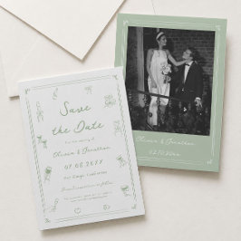 Witte en groene handgetekende trouw 'Save the Date Kaart