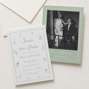 Witte en groene handgetekende trouw 'Save the Date Kaart