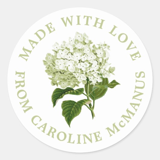 Witte en groene hortensia gemaakt met liefde ronde sticker (Voorkant)