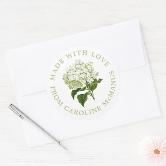 Witte en groene hortensia gemaakt met liefde ronde sticker (Envelop)