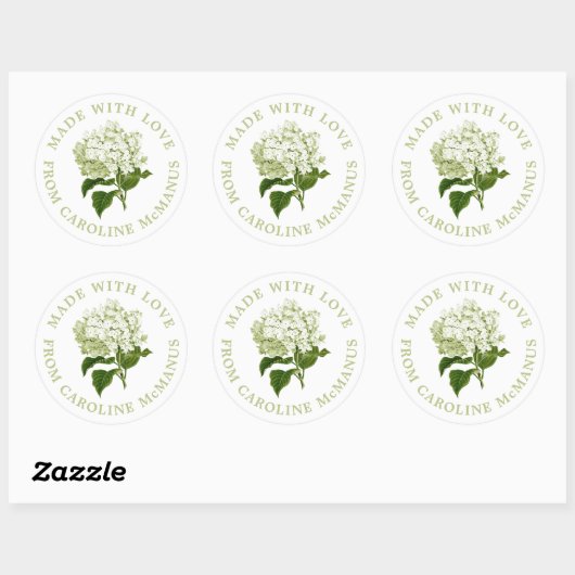 Witte en groene hortensia gemaakt met liefde ronde sticker (Vel)