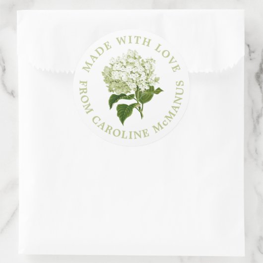 Witte en groene hortensia gemaakt met liefde ronde sticker (Tas)