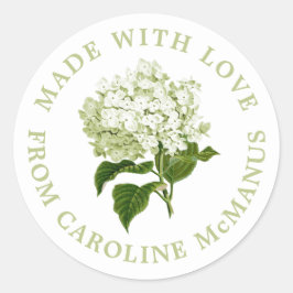 Witte en groene hortensia gemaakt met liefde ronde sticker
