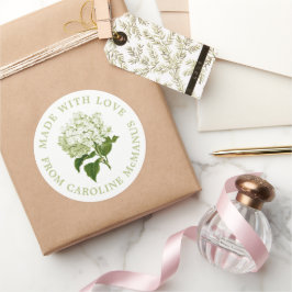 Witte en groene hortensia gemaakt met liefde ronde sticker