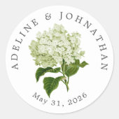 Witte en Groene Hydrangeanamen en huwelijksdatum Ronde Sticker (Voorkant)