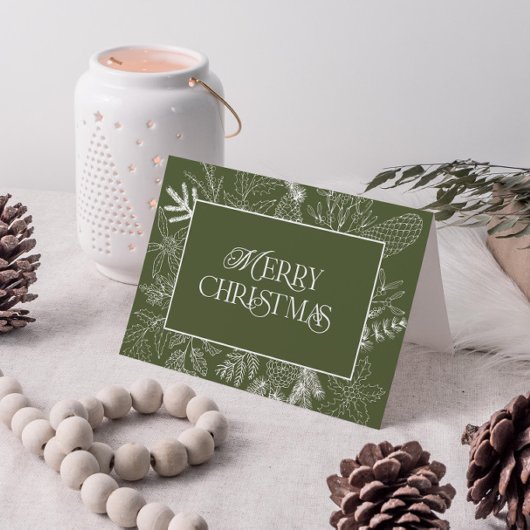 Witte en groene kerst Botanische lijn Kunst Foto H Feestdagen Kaart