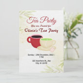 Witte en groene Olivia's Tea Party uitnodiging (Staand voorkant)