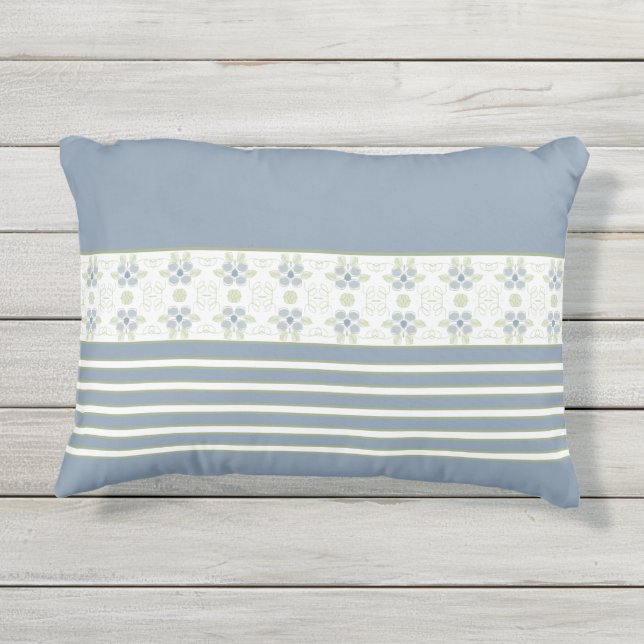 Witte en groene streep met blauwe Floral Buitenkussen (Achterkant)