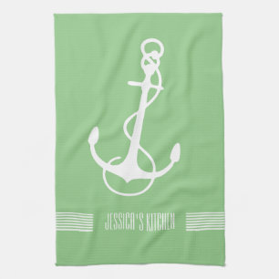 Witte en groene strepen (Nautical Boat Anchor) Theedoek