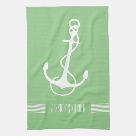 Witte en groene strepen (Nautical Boat Anchor) Theedoek (Verticaal)