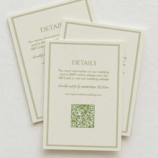 Witte en groene trouwdetails QR-code Informatiekaartje