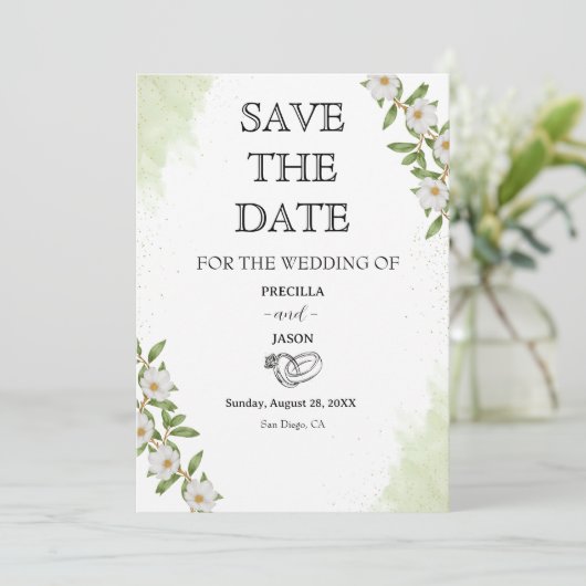 Witte en groene Waterverf Bloemen bruiloft Save The Date (Staand voorkant)