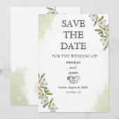 Witte en groene Waterverf Bloemen bruiloft Save The Date (Voorkant / Achterkant)