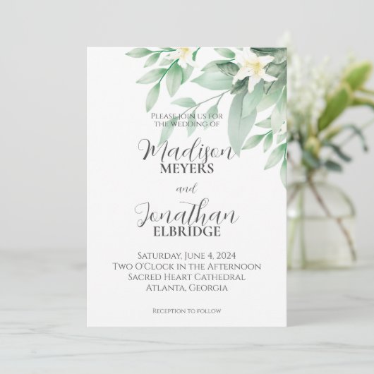 Witte en Groene Waterverf Bloemenlelie Bruiloft Kaart (Staand voorkant)