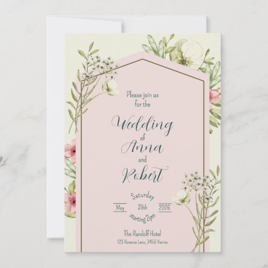 Witte en groene wilde bloemen geometrische bruilof kaart (Voorkant)