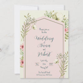 Witte en groene wilde bloemen geometrische bruilof kaart