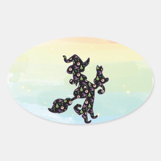 Witte en kat, Halloween Mood Ovale Sticker (Voorkant)