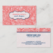 Witte en koraalrode bloemige paisley blauwe accent visitekaartje (Voorkant / Achterkant)