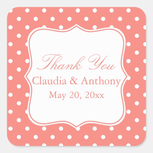 Witte en koraalroze pokadot Dank je Vierkante Sticker (Voorkant)