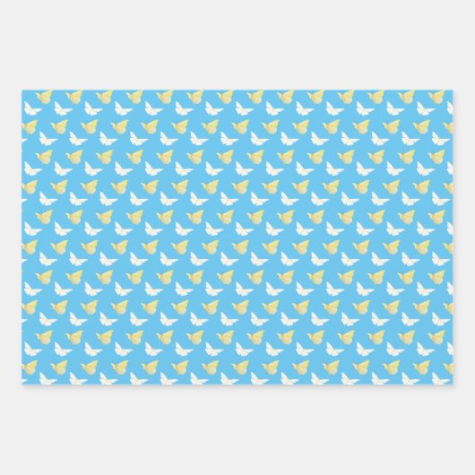 Witte en lichtgele vlinders die blauw vliegen inpakpapier vel (Voorkant)