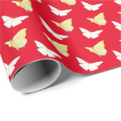 Witte en lichtgele vlinders vliegen rood cadeaupapier (Rol Hoek)