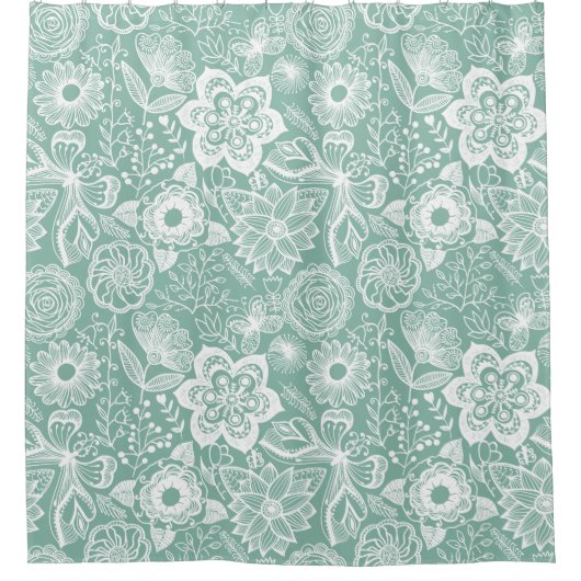 Witte en lichtgroene retro bloemen patroon douchegordijn (Voorkant)